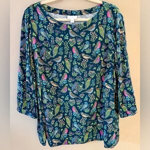J.Jill Size 2X Bird Print Popover Blouse Naturecore Botanical Cottagecore